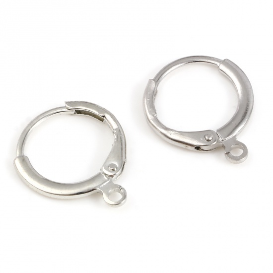 Picture of Brass Hoop Earrings Real Platinum Plated Circle Ring W/ Loop 16mm x 13mm, Post/ Wire Size: (21 gauge), 6 PCs                                                                                                                                                  