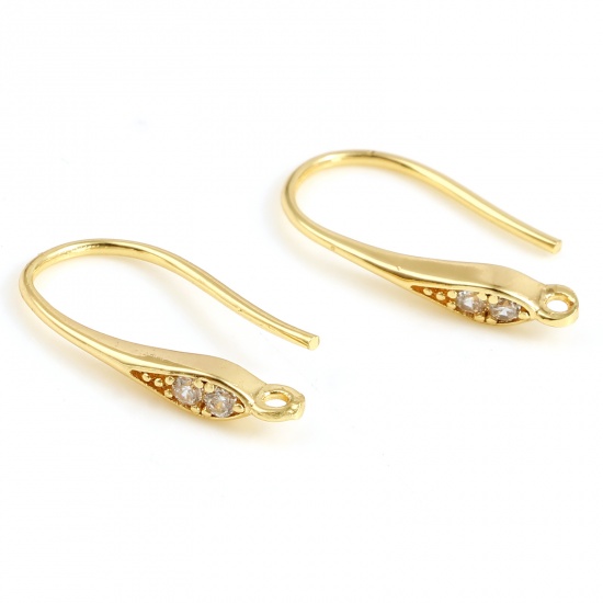 Picture of Brass Ear Wire Hooks Earring 18K Real Gold Plated U-shaped W/ Loop Clear Rhinestone 17mm x 11mm, Post/ Wire Size: (21 gauge), 2 PCs                                                                                                                           