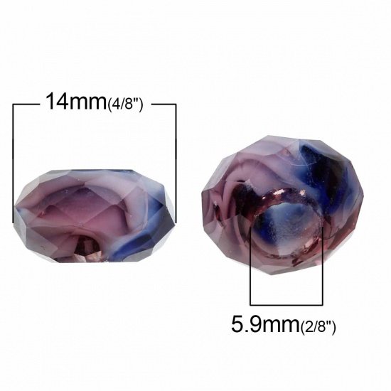 Picture of Glass European Style Large Hole Charm Beads Round Multicolor Faceted Transparent About 14mm x 8mm, Hole: Approx 5.9mm, 10 PCs