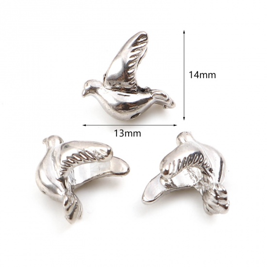 Bild von Zinc Based Alloy Religious Spacer Beads Pigeon Animal Silver Tone About 14mm x 13mm, Hole: Approx 1.5mm, 10 PCs