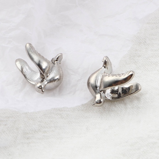 Picture of Zinc Based Alloy Religious Spacer Beads Pigeon Animal Silver Tone About 14mm x 13mm, Hole: Approx 1.5mm, 10 PCs