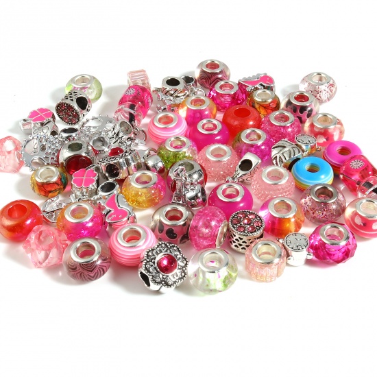 Picture of Zinc Based Alloy & Acrylic Large Hole Charm Beads Silver Tone Fuchsia Round At Random Mixed 14mm Dia., 9mm x 8mm, Hole: Approx 5.1mm - 4.5mm, 1 Set(60 Pcs/Set)