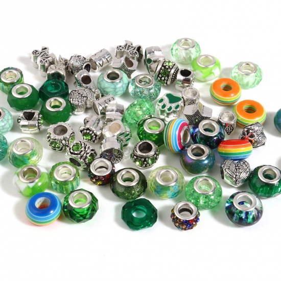 Picture of Zinc Based Alloy & Acrylic Large Hole Charm Beads Silver Tone Green Round At Random Mixed 14mm Dia., 9mm x 8mm, Hole: Approx 5.1mm - 4.5mm, 1 Set(60 Pcs/Set)