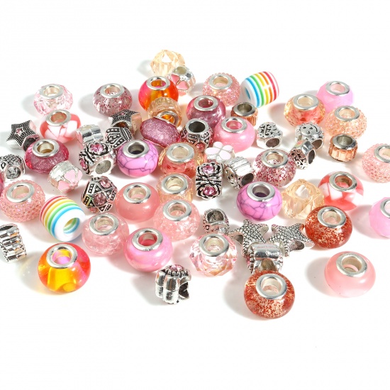Picture of Zinc Based Alloy & Acrylic Large Hole Charm Beads Silver Tone Pink Round At Random Mixed 14mm Dia., 9mm x 8mm, Hole: Approx 5.1mm - 4.5mm, 1 Set(60 Pcs/Set)