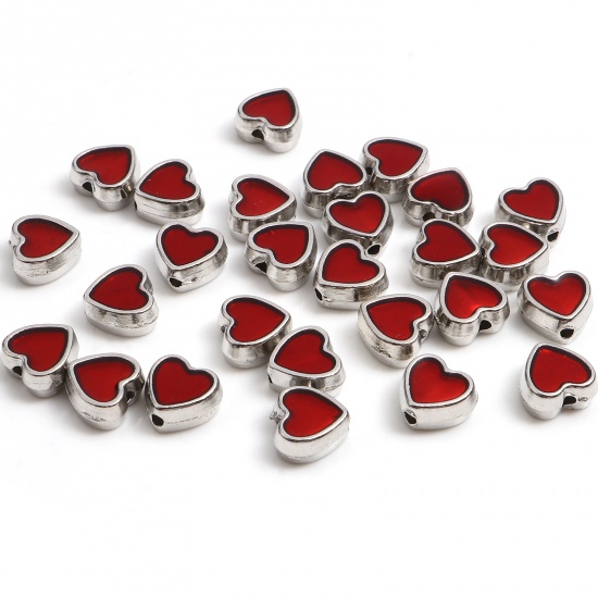 Picture of Zinc Based Alloy Valentine's Day Spacer Beads Heart Silver Tone Red Enamel About 8.5mm x 8mm, Hole: Approx 1.3mm, 20 PCs