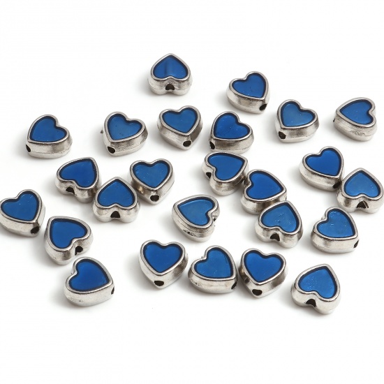 Immagine di Lega di Zinco San Valentino Perline Cuore Tono Argento Blu Smalto Circa 8.5mm x 8mm, Foro:Circa 1.3mm, 20 Pz