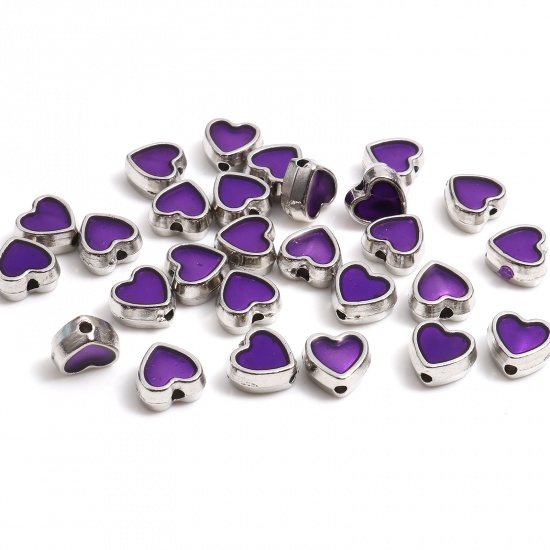 Picture of Zinc Based Alloy Valentine's Day Spacer Beads Heart Silver Tone Purple Enamel About 8.5mm x 8mm, Hole: Approx 1.3mm, 20 PCs
