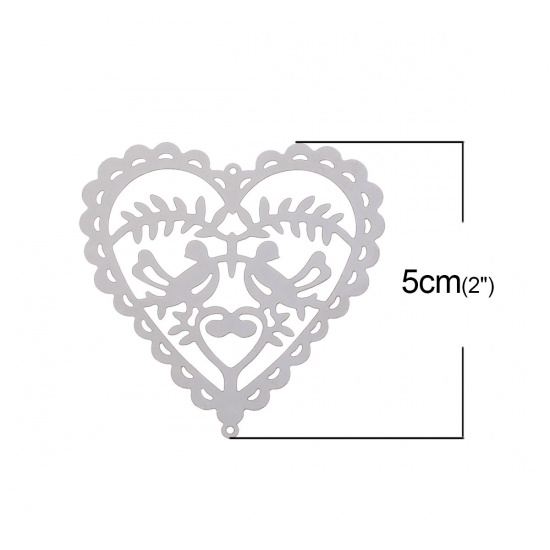 Immagine di Acciaio Inossidabile Connettore Accessori Cuore Tono Argento Uccello  Disegno Filigrana 50mm x 50mm, 10 Pz