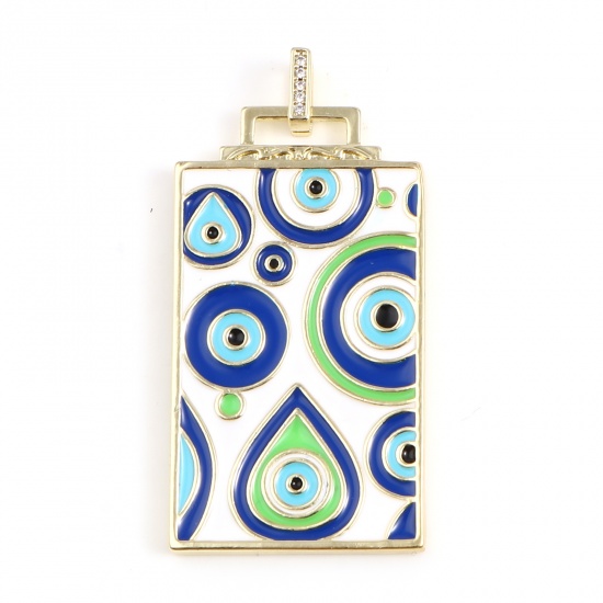 Imagen de 1 Unidad Latón Religión Colgantes Rectángulo 18K Oro Real Chapado Blanco & Azul Mal de ojo Esmalte 51mm x 26mm