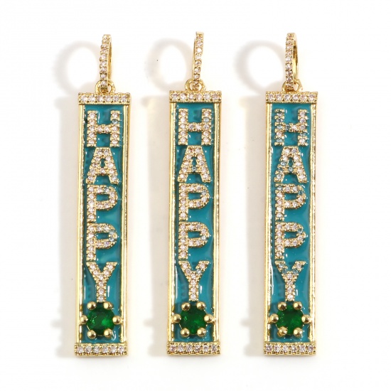 Immagine di 1 Pz Ottone Micro Intarsio Ciondoli Rettangolo 18K Vero Oro Placcato Blu Lettere " Happy " Verde Cubic Zirconiae 57mm x 9mm