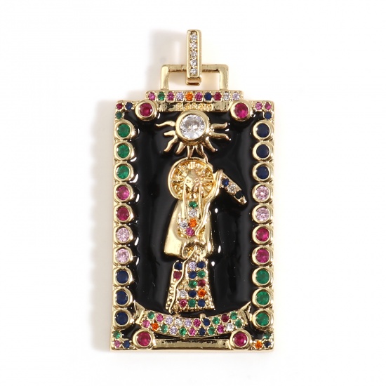 Picture of 1 Piece Brass Religious Pendants 18K Real Gold Plated Black Rectangle Micro Pave Multicolour Cubic Zirconia 43mm x 22mm