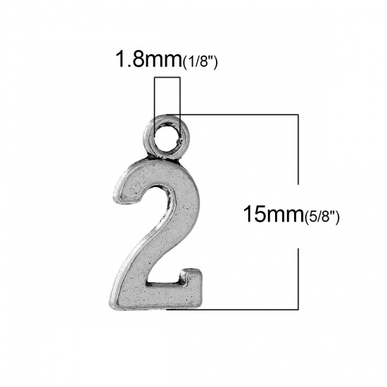 Picture of Zinc Metal Alloy Charms Number " 2 " Antique Silver 15mm( 5/8") x 7mm( 2/8"), 50 PCs