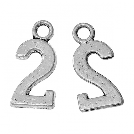 Picture of Zinc Metal Alloy Charms Number " 2 " Antique Silver 15mm( 5/8") x 7mm( 2/8"), 50 PCs