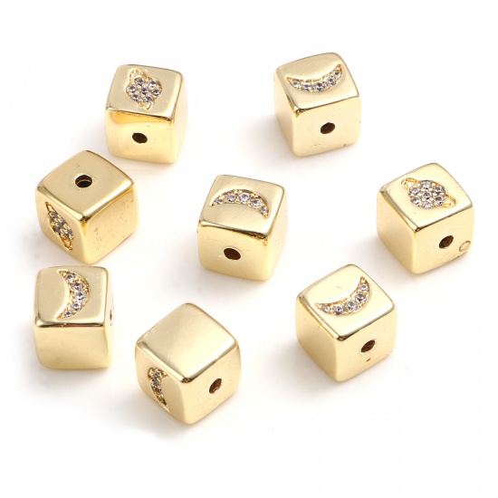 Picture of Copper Galaxy Beads 18K Real Gold Plated Square Universe Planet Micro Pave Clear Rhinestone About 7mm x 7mm, Hole: Approx 1.3mm, 1 Piece