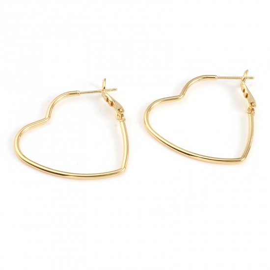 Picture of Brass Valentine's Day Hoop Earrings 18K Real Gold Plated Heart 35mm x 30mm, 2 PCs