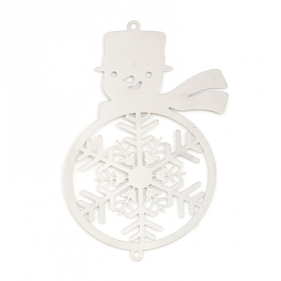 Picture of Brass Filigree Stamping Connectors Christmas Snowman Silver Tone Snowflake 62mm x 41mm, 5 PCs                                                                                                                                                                 