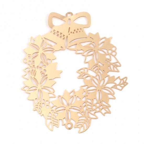 Picture of Brass Filigree Stamping Connectors Christmas Wreath Gold Plated Bell 55mm x 46mm, 5 PCs                                                                                                                                                                       