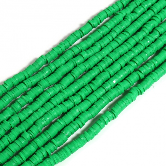 Picture of Polymer Clay Katsuki Beads Heishi Beads Disc Beads Round Green About 6mm Dia, Hole: Approx 2mm, 39.5cm(15 4/8") long, 5 Strands (Approx 350 PCs/Strand)