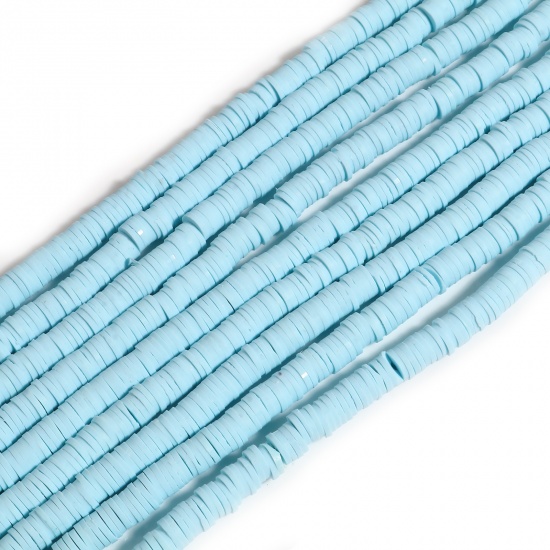 Picture of Polymer Clay Katsuki Beads Heishi Beads Disc Beads Round Light Blue About 6mm Dia, Hole: Approx 2mm, 39.5cm(15 4/8") long, 5 Strands (Approx 350 PCs/Strand)