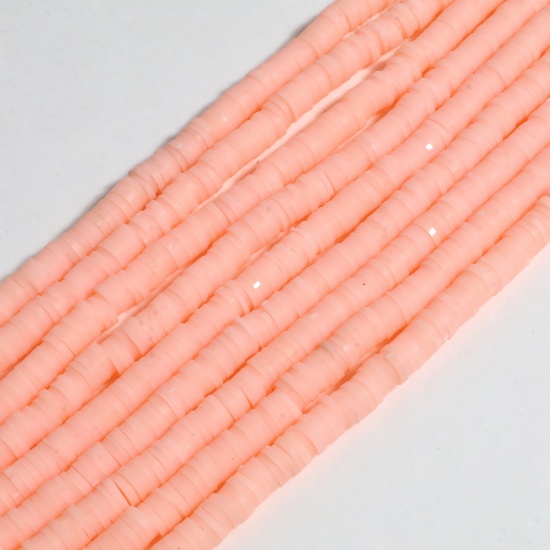 Picture of Polymer Clay Katsuki Beads Heishi Beads Disc Beads Round Orange Pink About 6mm Dia, Hole: Approx 2mm, 39.5cm(15 4/8") long, 5 Strands (Approx 350 PCs/Strand)