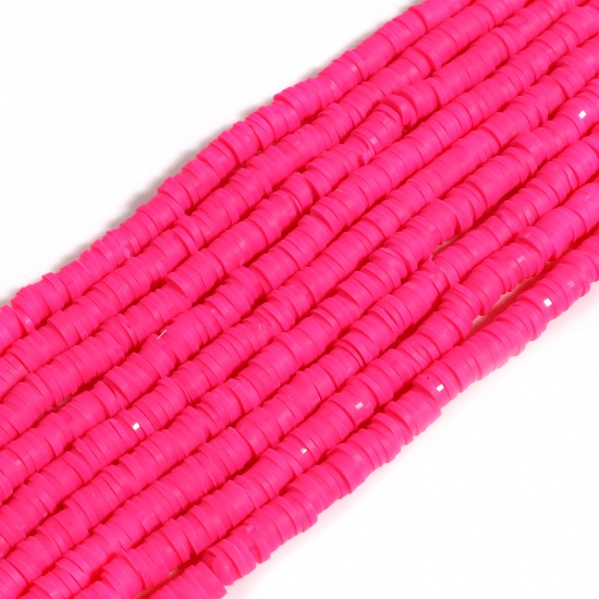 Picture of Polymer Clay Katsuki Beads Heishi Beads Disc Beads Round Neon Pink About 6mm Dia, Hole: Approx 2mm, 39.5cm(15 4/8") long, 5 Strands (Approx 350 PCs/Strand)