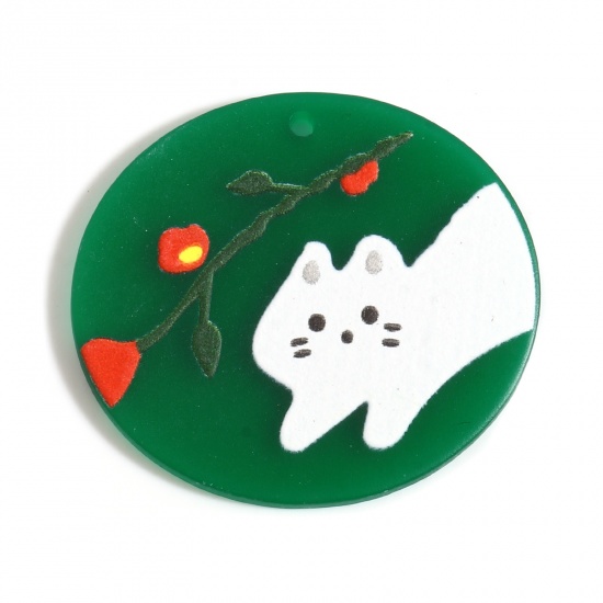 Picture of Resin Pendants Oval Cat Green 39mm x 35mm, 10 PCs