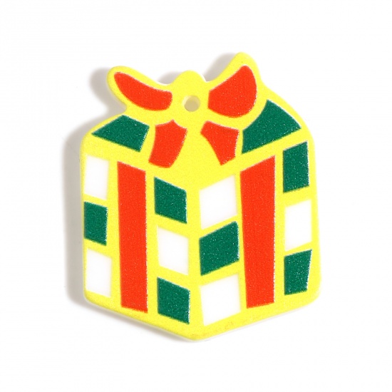 Picture of Resin Pendants Christmas Gift Box Green & Yellow 34mm x 29mm, 10 PCs