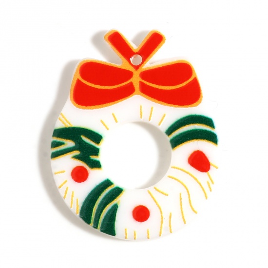 Picture of Resin Pendants Christmas Wreath White & Red 35mm x 28mm, 10 PCs