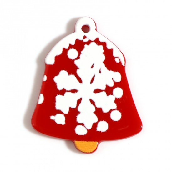 Picture of Resin Pendants Christmas Jingle Bell Snowflake White & Red 35mm x 28mm, 10 PCs