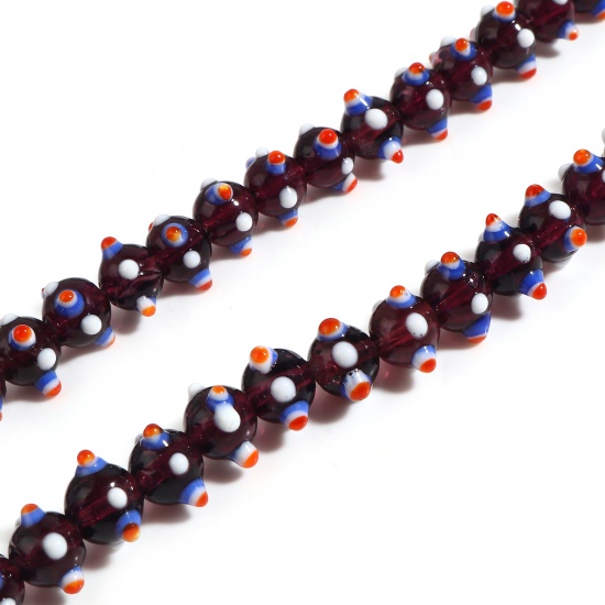 Picture of Lampwork Glass Beads Round Burgundy About 11mm Dia, Hole: Approx 2.3mm - 1.5mm, 10 PCs