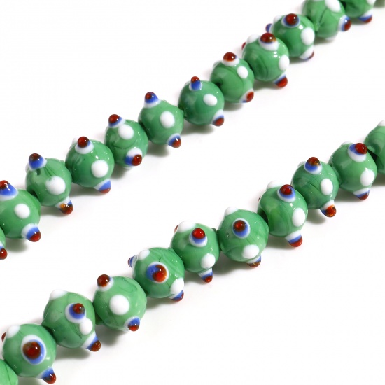 Picture of Lampwork Glass Beads Round Green About 11mm Dia, Hole: Approx 2.3mm - 1.5mm, 10 PCs