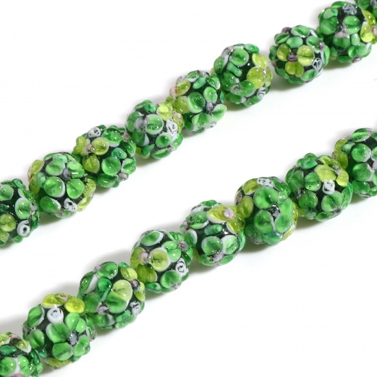 Picture of Lampwork Glass Beads Round Green Flower About 13mm Dia, Hole: Approx 2.1mm, 2 PCs