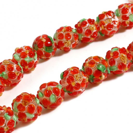 Picture of Lampwork Glass Beads Round Red Flower About 13mm Dia, Hole: Approx 2.1mm, 2 PCs