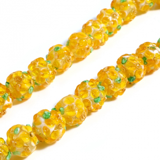 Picture of Lampwork Glass Beads Round Orange Flower About 13mm Dia, Hole: Approx 2.1mm, 2 PCs