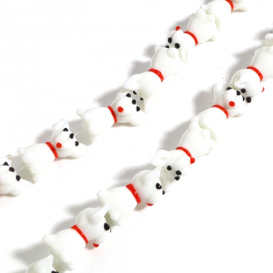 Picture of Lampwork Glass Beads Dog Animal White & Red About 26mm x 18mm - 24mm x 17mm, Hole: Approx 2mm, 2 PCs