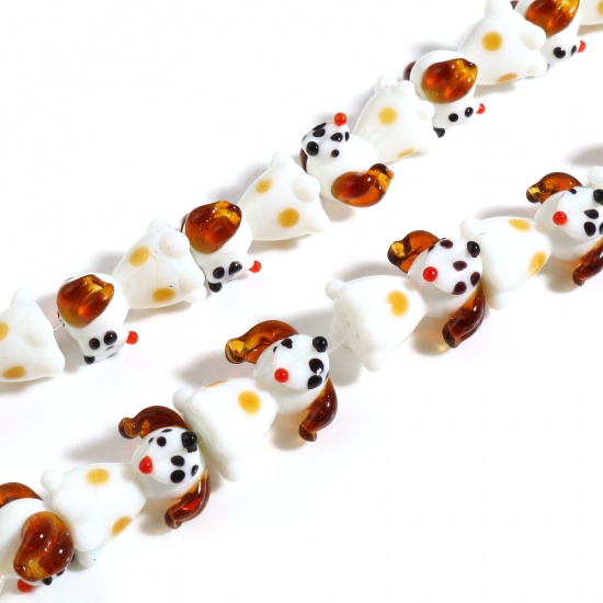 Picture of Lampwork Glass Beads Dog Animal White & Brown About 22mm x 19mm, Hole: Approx 2mm, 2 PCs