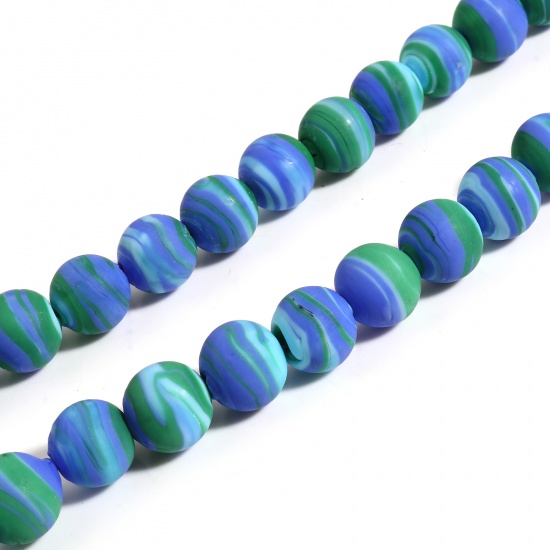 Picture of Lampwork Glass Beads Round Blue & Green Stripe About 12mm Dia, Hole: Approx 2mm, 10 PCs