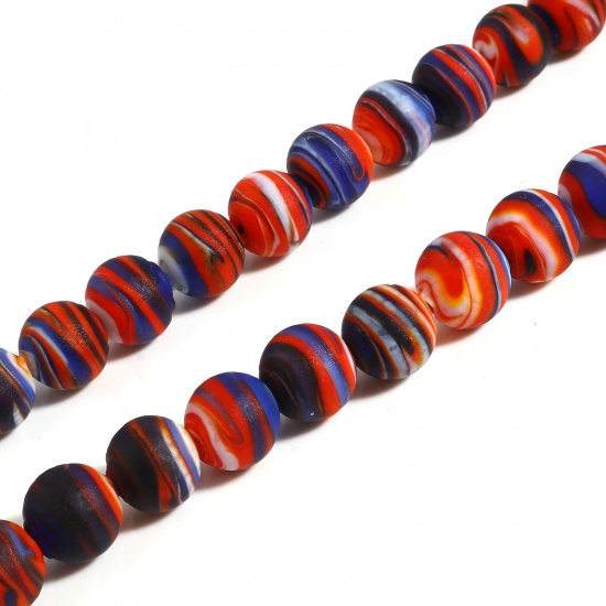 Picture of Lampwork Glass Beads Round Red & Blue Stripe About 12mm Dia, Hole: Approx 2mm, 10 PCs