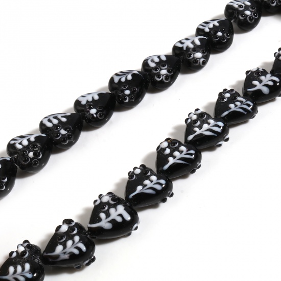 Picture of Lampwork Glass Beads Heart Black & White Flower Leaves About 16mm x 15mm, Hole: Approx 1.5mm, 5 PCs