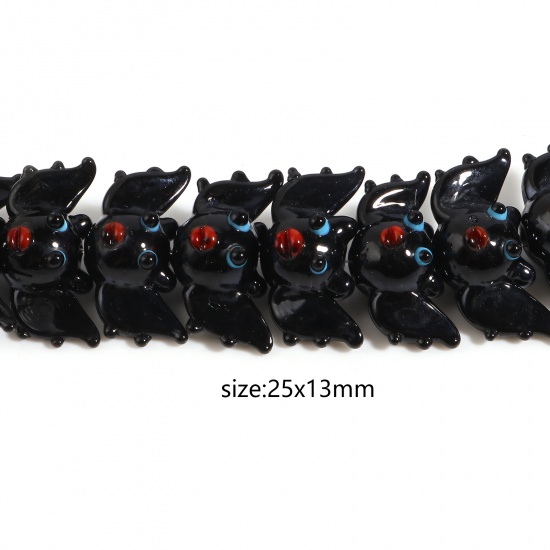 Picture of Lampwork Glass Beads Halloween Bat Animal Black About 25mm x 13mm, Hole: Approx 2mm, 2 PCs