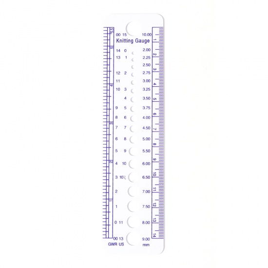 Image de Jauge pour Aiguilles à Tricoter en Plastique Rectangle Blanc & Bleu 16cm x 4cm, 10 Poignées