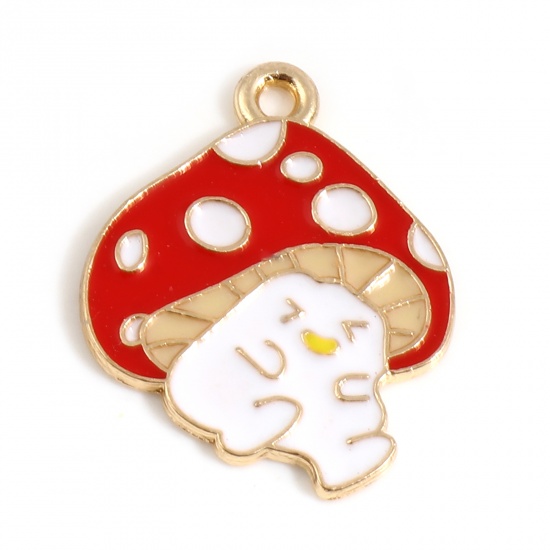 Picture of Zinc Based Alloy Charms Mushroom Gold Plated White & Red Enamel 24mm x 19mm, 10 PCs