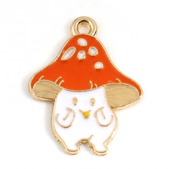 Picture of Zinc Based Alloy Charms Mushroom Gold Plated White & Orange Enamel 24mm x 19mm, 10 PCs