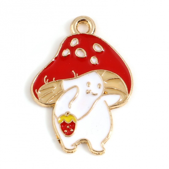 Picture of Zinc Based Alloy Charms Mushroom Gold Plated White & Red Enamel 25mm x 18mm, 10 PCs
