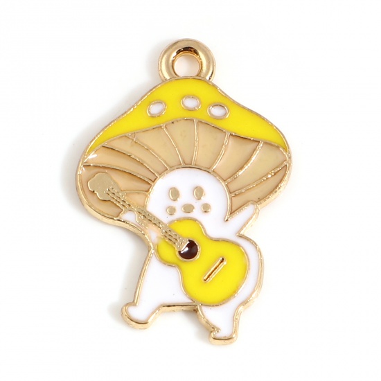 Picture of Zinc Based Alloy Charms Mushroom Gold Plated White & Yellow Guitar Enamel 25mm x 17mm, 10 PCs