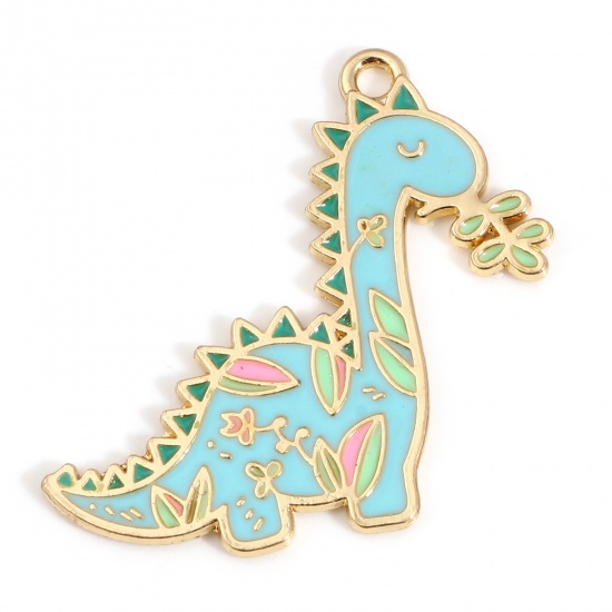 Image de Pendentifs en Alliage de Zinc Dinosaures Doré Bleu env. Émail 34mm x 32mm, 10 Pcs