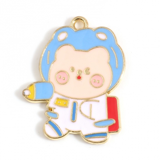 Picture of Zinc Based Alloy Galaxy Charms Astronaut Spaceman Gold Plated White & Blue Bear Enamel 29mm x 23mm, 10 PCs