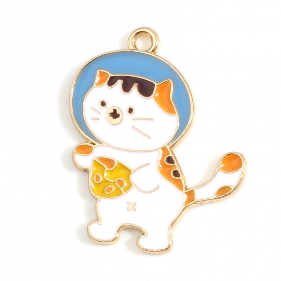 Picture of Zinc Based Alloy Galaxy Charms Astronaut Spaceman Gold Plated White & Blue Cat Enamel 29mm x 24mm, 10 PCs