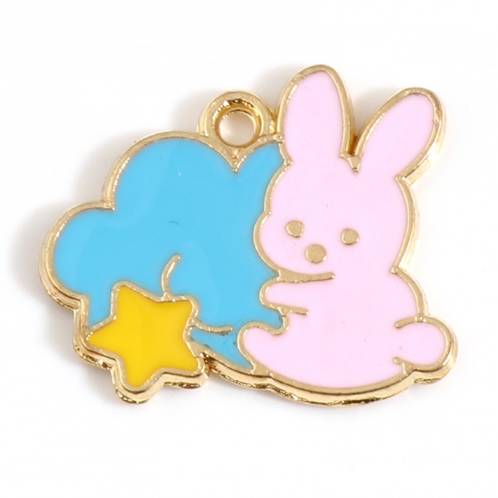 Picture of Zinc Based Alloy Galaxy Charms Rabbit Animal Gold Plated Blue & Pink Cloud Enamel 22mm x 19mm, 10 PCs