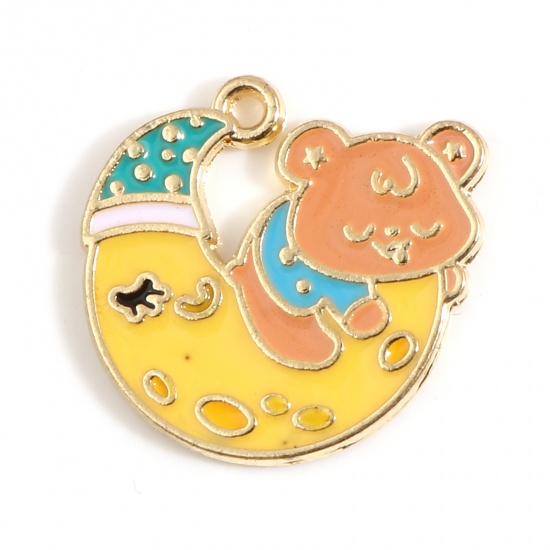Picture of Zinc Based Alloy Galaxy Charms Half Moon Gold Plated Multicolor Bear Enamel 21mm x 21mm, 10 PCs